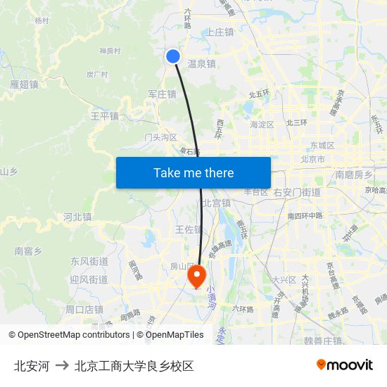 北安河 to 北京工商大学良乡校区 map