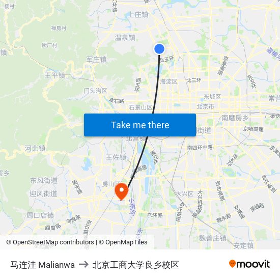 马连洼 Malianwa to 北京工商大学良乡校区 map