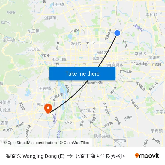 望京东 Wangjing Dong (E) to 北京工商大学良乡校区 map