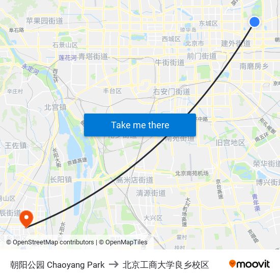 朝阳公园 Chaoyang Park to 北京工商大学良乡校区 map