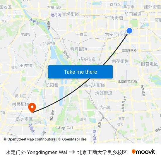 永定门外 Yongdingmen Wai to 北京工商大学良乡校区 map