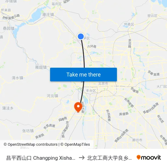 昌平西山口 Changping Xishankou to 北京工商大学良乡校区 map