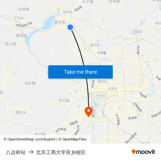 八达岭站 to 北京工商大学良乡校区 map