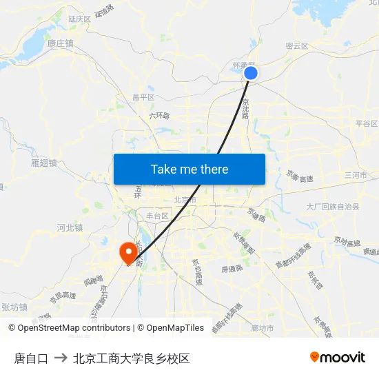 唐自口 to 北京工商大学良乡校区 map
