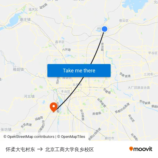 怀柔大屯村东 to 北京工商大学良乡校区 map