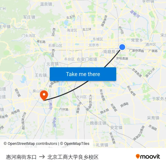 惠河南街东口 to 北京工商大学良乡校区 map