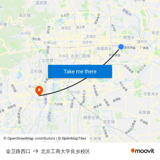 金卫路西口 to 北京工商大学良乡校区 map