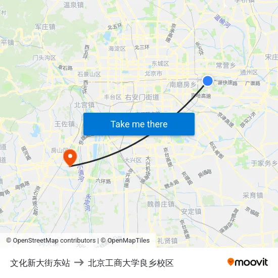 文化新大街东站 to 北京工商大学良乡校区 map