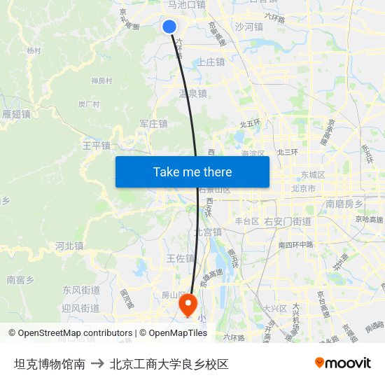 坦克博物馆南 to 北京工商大学良乡校区 map