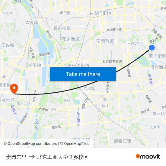 贵园东里 to 北京工商大学良乡校区 map