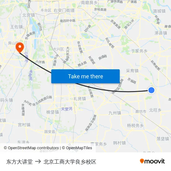 东方大讲堂 to 北京工商大学良乡校区 map