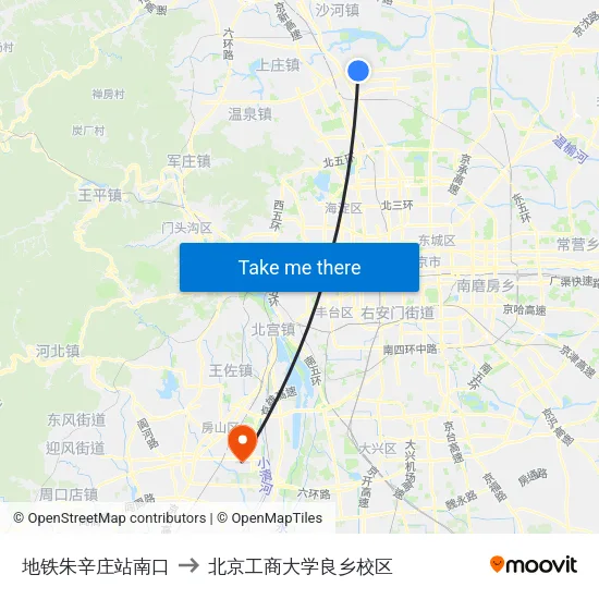 地铁朱辛庄站南口 to 北京工商大学良乡校区 map
