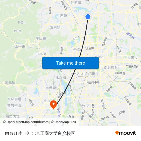 白各庄南 to 北京工商大学良乡校区 map