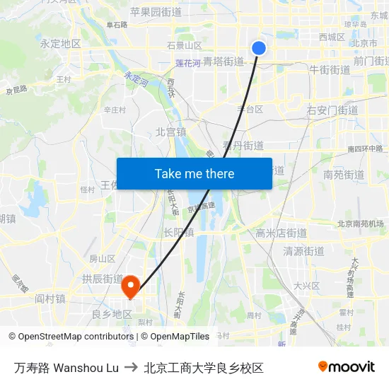 万寿路 Wanshou Lu to 北京工商大学良乡校区 map