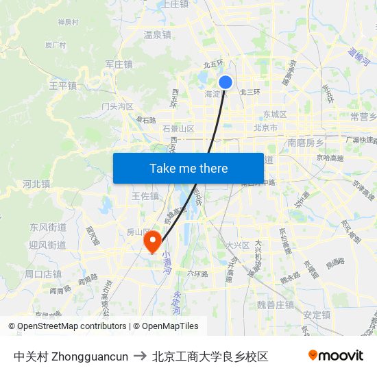 中关村 Zhongguancun to 北京工商大学良乡校区 map