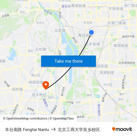 丰台南路 Fengtai Nanlu to 北京工商大学良乡校区 map