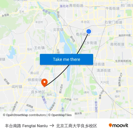 丰台南路 Fengtai Nanlu to 北京工商大学良乡校区 map