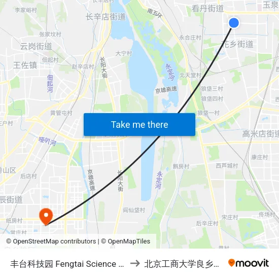 丰台科技园 Fengtai Science Park to 北京工商大学良乡校区 map
