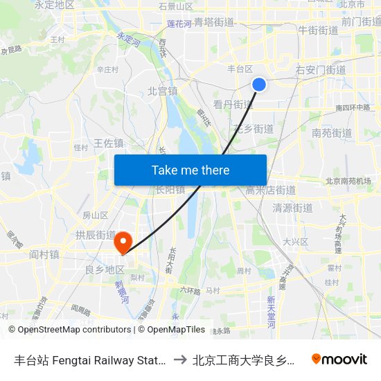丰台站 Fengtai Railway Station to 北京工商大学良乡校区 map