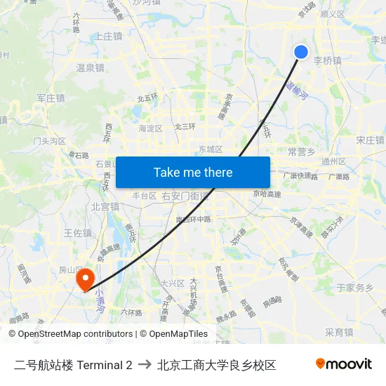 二号航站楼 Terminal 2 to 北京工商大学良乡校区 map