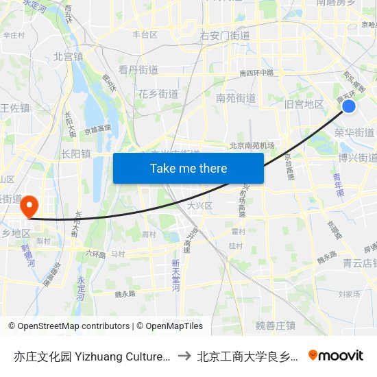 亦庄文化园 Yizhuang Culture Park to 北京工商大学良乡校区 map