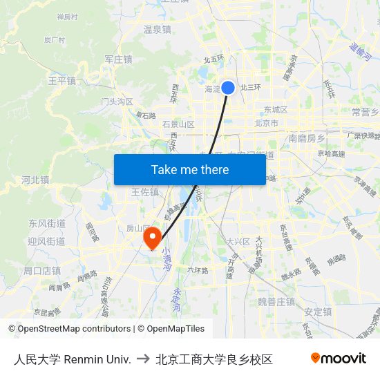 人民大学 Renmin Univ. to 北京工商大学良乡校区 map