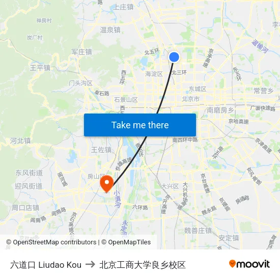 六道口 Liudao Kou to 北京工商大学良乡校区 map