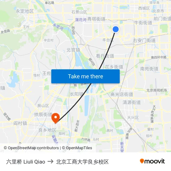 六里桥 Liuli Qiao to 北京工商大学良乡校区 map