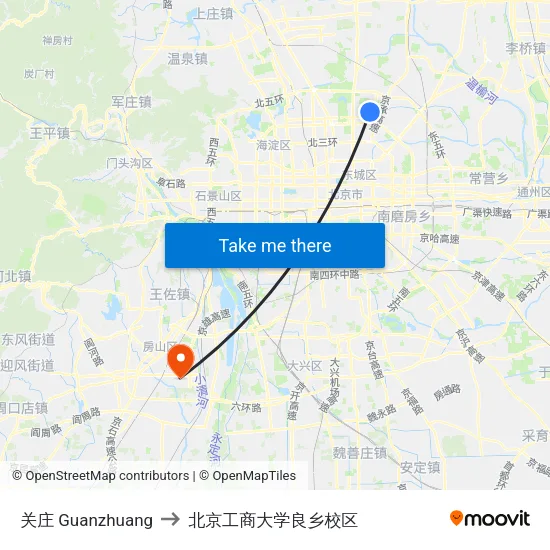 关庄 Guanzhuang to 北京工商大学良乡校区 map