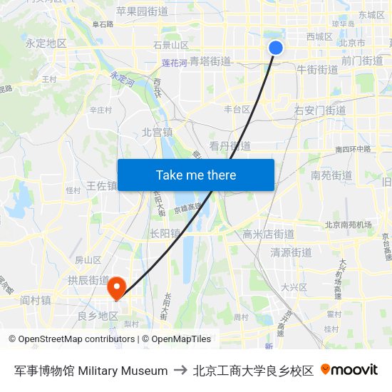 军事博物馆 Military Museum to 北京工商大学良乡校区 map