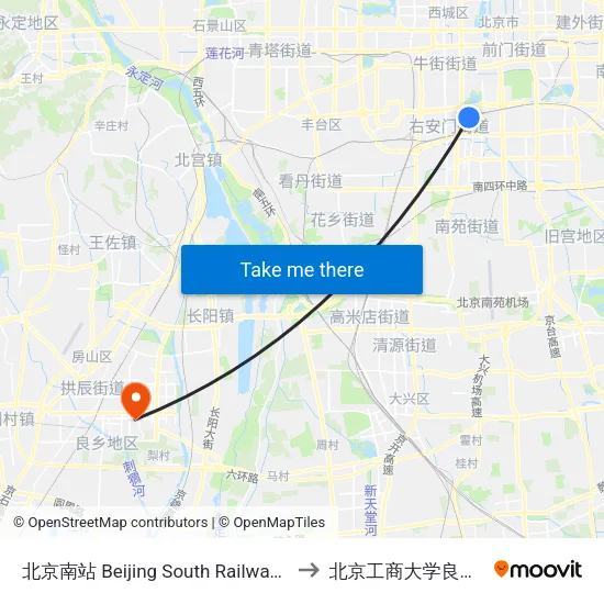 北京南站 Beijing South Railway Station to 北京工商大学良乡校区 map