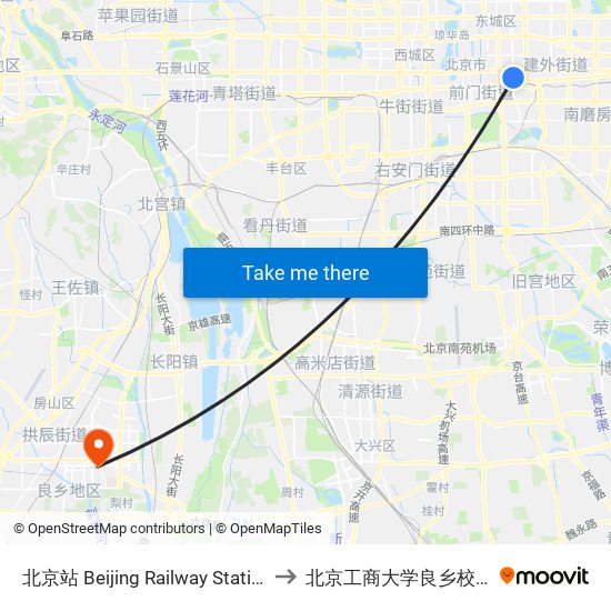 北京站 Beijing Railway Station to 北京工商大学良乡校区 map