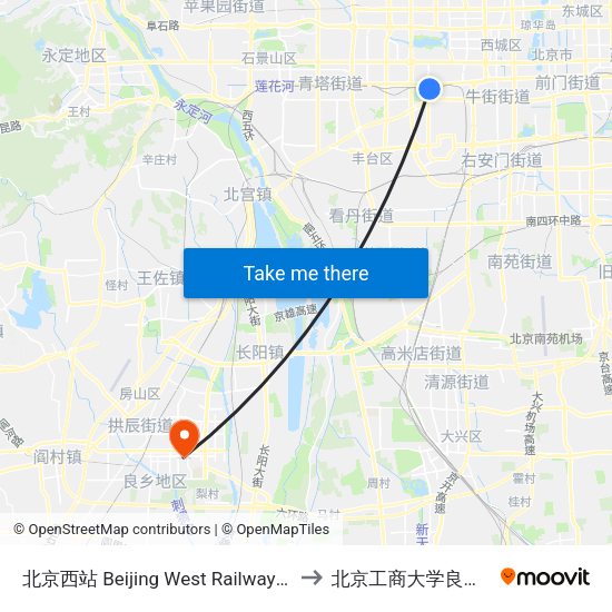 北京西站 Beijing West Railway Station to 北京工商大学良乡校区 map