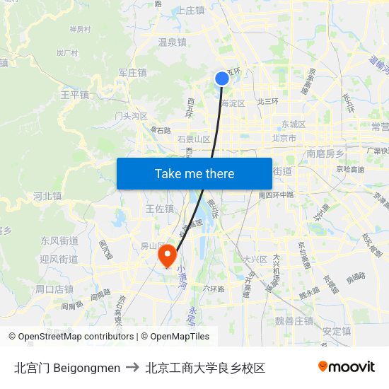 北宫门 Beigongmen to 北京工商大学良乡校区 map