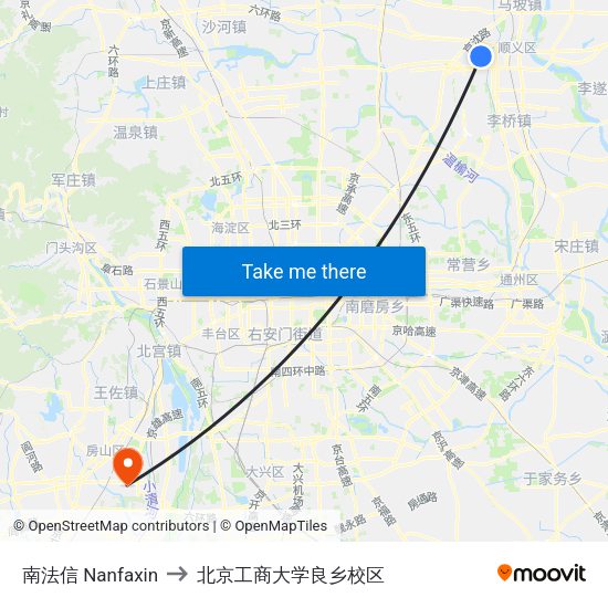 南法信 Nanfaxin to 北京工商大学良乡校区 map