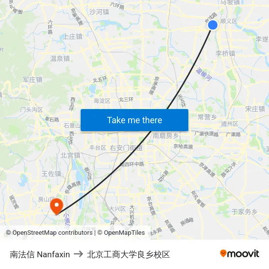 南法信 Nanfaxin to 北京工商大学良乡校区 map