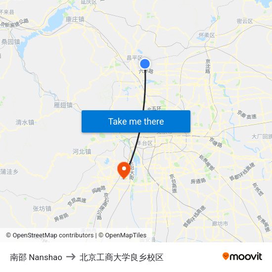 南邵 Nanshao to 北京工商大学良乡校区 map