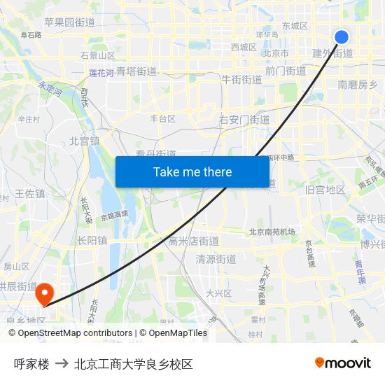 呼家楼 to 北京工商大学良乡校区 map