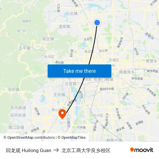 回龙观 Huilong Guan to 北京工商大学良乡校区 map