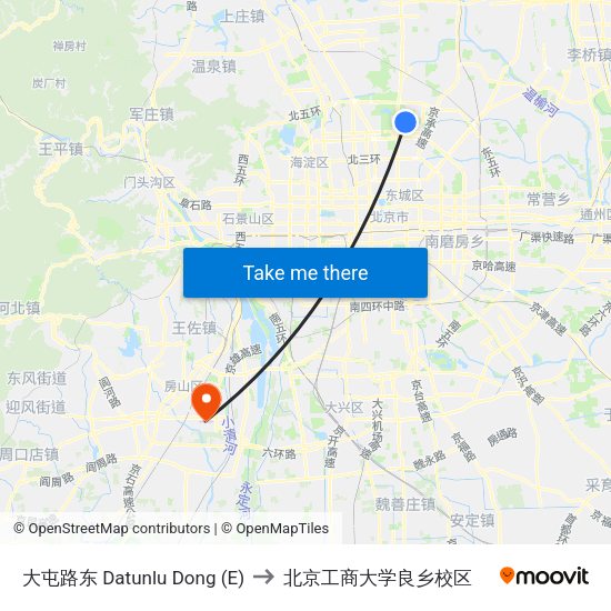大屯路东 Datunlu Dong (E) to 北京工商大学良乡校区 map