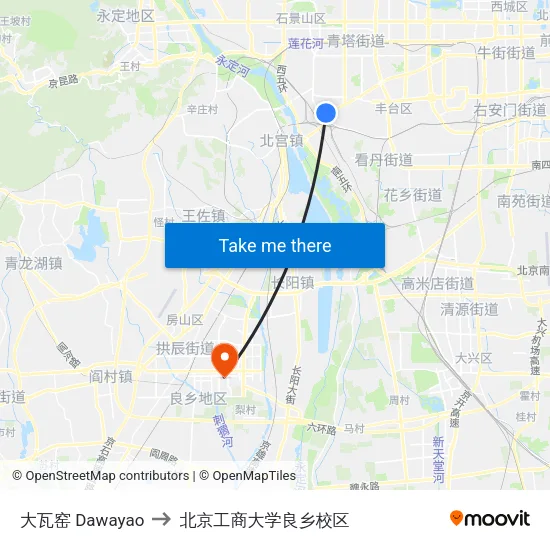 大瓦窑 Dawayao to 北京工商大学良乡校区 map