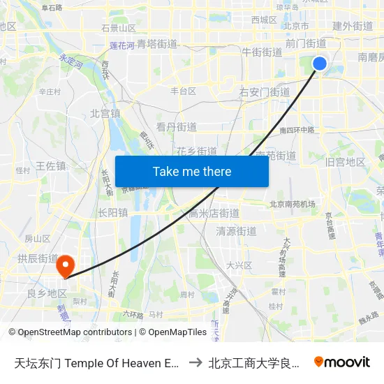 天坛东门 Temple Of Heaven East Gate to 北京工商大学良乡校区 map