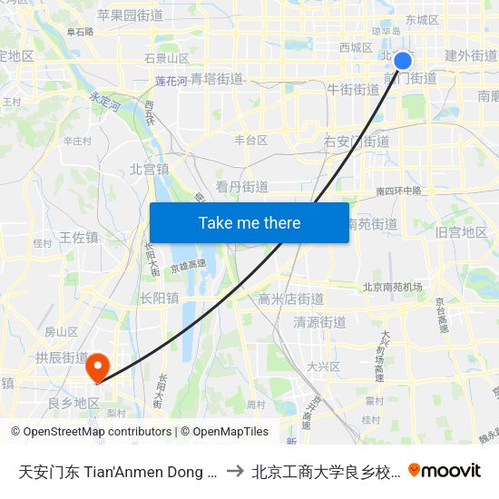 天安门东 Tian'Anmen Dong (E) to 北京工商大学良乡校区 map