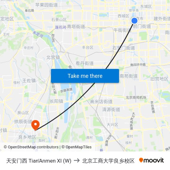 天安门西 Tian'Anmen XI (W) to 北京工商大学良乡校区 map