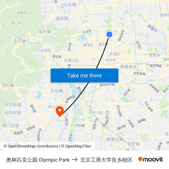 奥林匹克公园 Olympic Park to 北京工商大学良乡校区 map