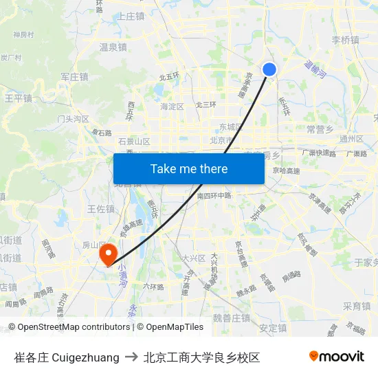 崔各庄 Cuigezhuang to 北京工商大学良乡校区 map