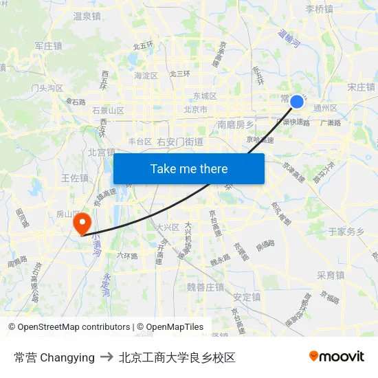 常营 Changying to 北京工商大学良乡校区 map