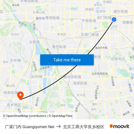 广渠门内 Guangqumen Nei to 北京工商大学良乡校区 map