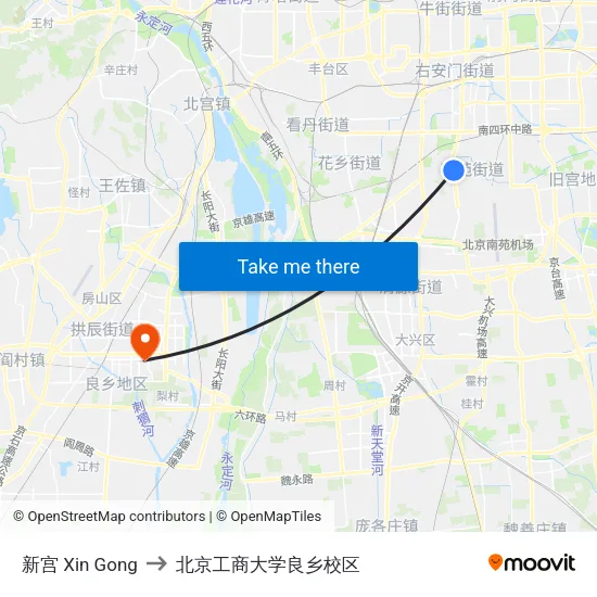 新宫 Xin Gong to 北京工商大学良乡校区 map