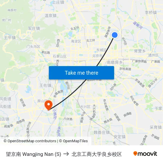 望京南 Wangjing Nan (S) to 北京工商大学良乡校区 map